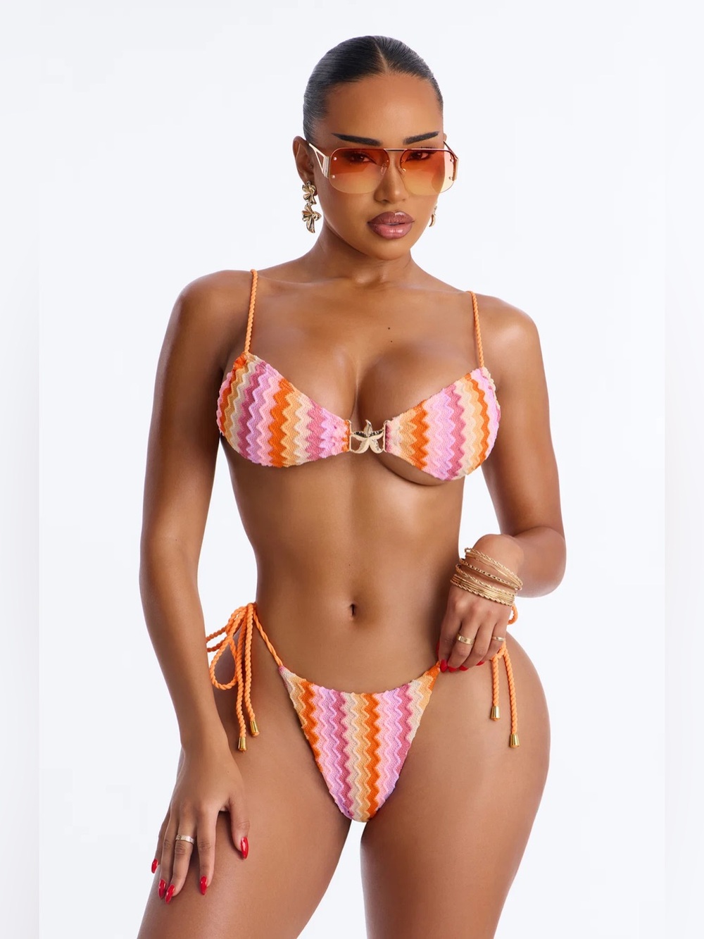Fashion Nova Rylan Textured 2 Piece Bralette Bikini Set Orange Pink Combo